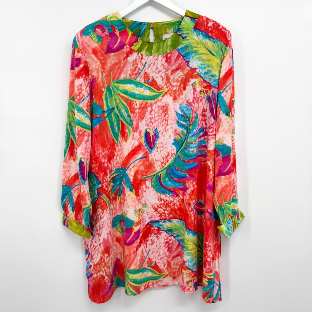 Vintage Tropical Tunic Top Shirt 14 Large XL Oversize Shoulder Pad Botanical USA
